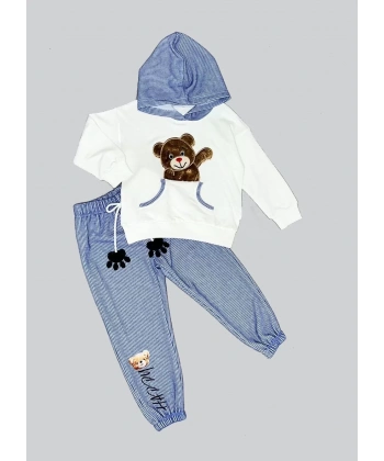 2-3-4 Yaş Pelüş Ayı Desenli Kapşonlu Uzun Kollu Penye Sweat 2li Erkek Çocuk Takımı Ekru