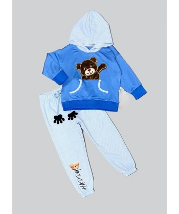 2-3-4 Yaş Pelüş Ayı Desenli Kapşonlu Uzun Kollu Penye Sweat 2li Erkek Çocuk Takımı İndigo