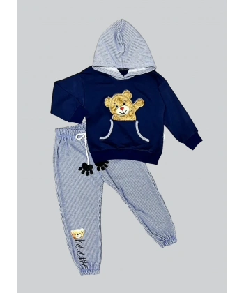 2-3-4 Yaş Pelüş Ayı Desenli Kapşonlu Uzun Kollu Penye Sweat 2li Erkek Çocuk Takımı Lacivert