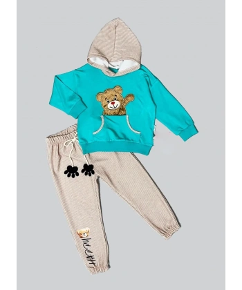 2-3-4 Yaş Pelüş Ayı Desenli Kapşonlu Uzun Kollu Penye Sweat 2li Erkek Çocuk Takımı Mint Yeşili