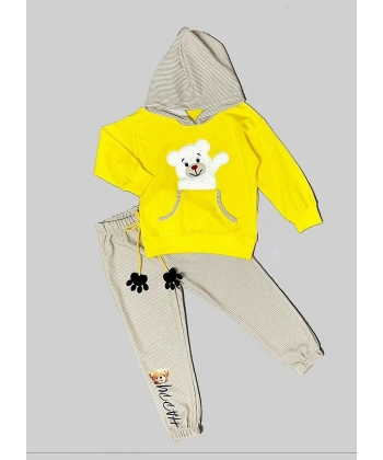 2-3-4 Yaş Pelüş Ayı Desenli Kapşonlu Uzun Kollu Penye Sweat 2li Erkek Çocuk Takımı Sarı