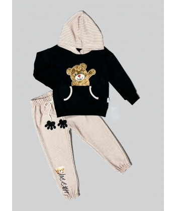 2-3-4 Yaş Pelüş Ayı Desenli Kapşonlu Uzun Kollu Penye Sweat 2li Erkek Çocuk Takımı Siyah