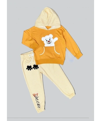 2-3-4 Yaş Pelüş Ayı Desenli Kapşonlu Uzun Kollu Penye Sweat 2li Erkek Çocuk Takımı Turuncu