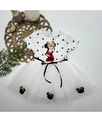 2-3-4 Yaş Puantiyeli Mickey Baskılı Kurdela Kuşaklı Astarlı Kız Bebek Tütü Elbisesi Beyaz