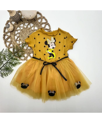 2-3-4 Yaş Puantiyeli Mickey Baskılı Kurdela Kuşaklı Astarlı Kız Bebek Tütü Elbisesi Hardal