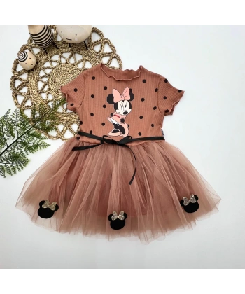 2-3-4 Yaş Puantiyeli Mickey Baskılı Kurdela Kuşaklı Astarlı Kız Bebek Tütü Elbisesi Kahverengi