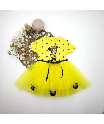 2-3-4 Yaş Puantiyeli Mickey Baskılı Kurdela Kuşaklı Astarlı Kız Bebek Tütü Elbisesi Sarı