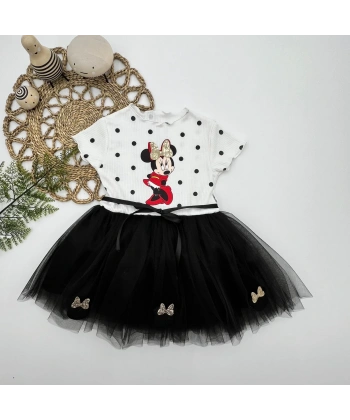 2-3-4 Yaş Puantiyeli Mickey Baskılı Kurdela Kuşaklı Astarlı Kız Bebek Tütü Elbisesi Siyah