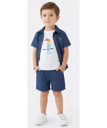 2/6 Yaş Denim Gömlek Şortlu 3lü Çocuk Takımı