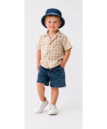 2/6 Yaş Denim Şapkalı Şortlu 3lü Çocuk Takımı