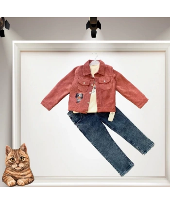 3-4-5 Yaş Fitilli Kadife Ceket Kot Pantolonlu 3lü Kız Erkek Çocuk Takımı Gül Kurusu