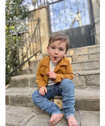 3-4-5 Yaş Fitilli Kadife Ceket Kot Pantolonlu 3lü Kız Erkek Çocuk Takımı Hardal