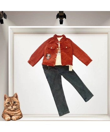 3-4-5 Yaş Fitilli Kadife Ceket Kot Pantolonlu 3lü Kız Erkek Çocuk Takımı Kiremit