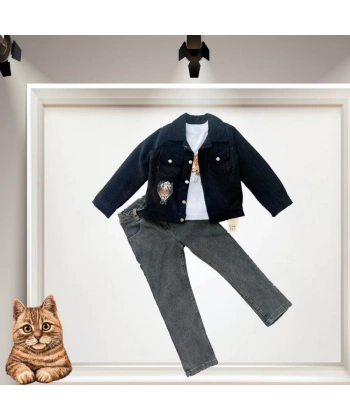 3-4-5 Yaş Fitilli Kadife Ceket Kot Pantolonlu 3lü Kız Erkek Çocuk Takımı Siyah
