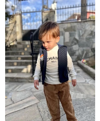 3-4-5 Yaş Fitilli Kadife Pantolon Kapitone Kapşonlu Yelek Uzun Kollu Sweat 3lü Erkek Çocuk Takımı Lacivert