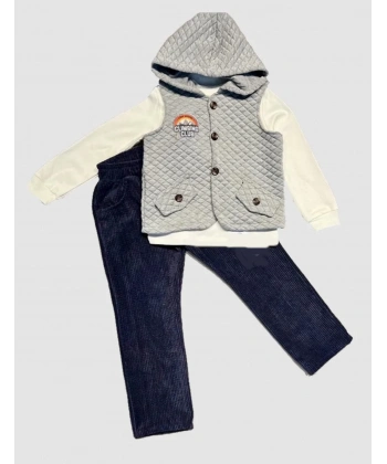 3-4-5 Yaş Fitilli Kadife Pantolon Kapitone Kapşonlu Yelek Uzun Kollu Sweat 3lü Erkek Çocuk Takımı Gri