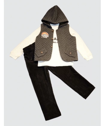 3-4-5 Yaş Fitilli Kadife Pantolon Kapitone Kapşonlu Yelek Uzun Kollu Sweat 3lü Erkek Çocuk Takımı Füme