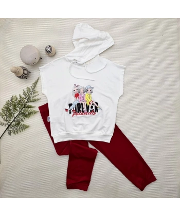 3-4-5 Yaş Forever Cici Kızlar Baskılı Kapşonlu 2li Kız Çocuk Takımı Kırmızı