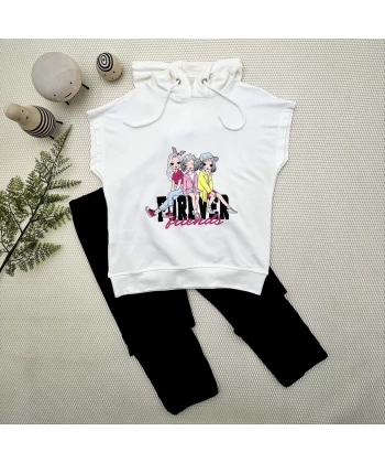 3-4-5 Yaş Forever Cici Kızlar Baskılı Kapşonlu 2li Kız Çocuk Takımı Lacivert