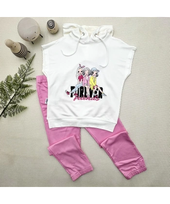 3-4-5 Yaş Forever Cici Kızlar Baskılı Kapşonlu 2li Kız Çocuk Takımı Pembe