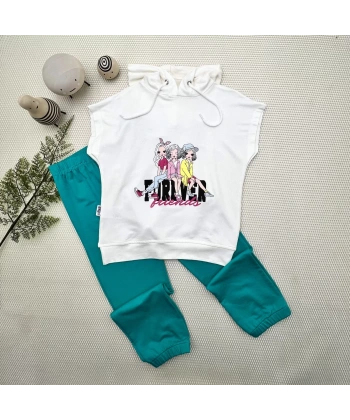 3-4-5 Yaş Forever Cici Kızlar Baskılı Kapşonlu 2li Kız Çocuk Takımı Turkuaz