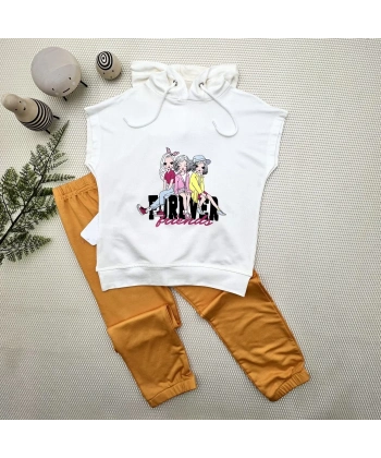 3-4-5 Yaş Forever Cici Kızlar Baskılı Kapşonlu 2li Kız Çocuk Takımı Turuncu