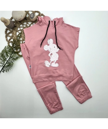 3-4-5 Yaş Kapşonlu Payetli Mickey Desenli Kısa Kol 2li Kız Erkek Çocuk Takımı Gül Kurusu