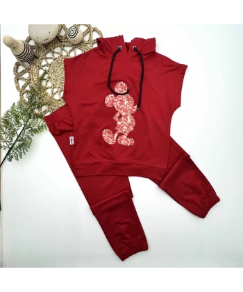 3-4-5 Yaş Kapşonlu Payetli Mickey Desenli Kısa Kol 2li Kız Erkek Çocuk Takımı Kırmızı