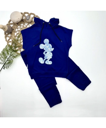 3-4-5 Yaş Kapşonlu Payetli Mickey Desenli Kısa Kol 2li Kız Erkek Çocuk Takımı Lacivert