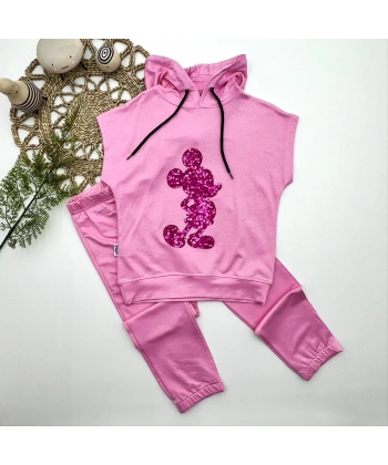 3-4-5 Yaş Kapşonlu Payetli Mickey Desenli Kısa Kol 2li Kız Erkek Çocuk Takımı Pembe