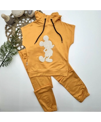 3-4-5 Yaş Kapşonlu Payetli Mickey Desenli Kısa Kol 2li Kız Erkek Çocuk Takımı Sarı