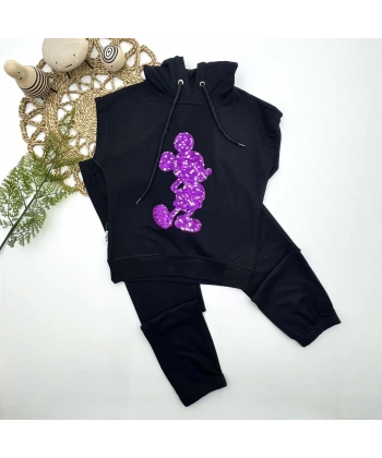 3-4-5 Yaş Kapşonlu Payetli Mickey Desenli Kısa Kol 2li Kız Erkek Çocuk Takımı Siyah