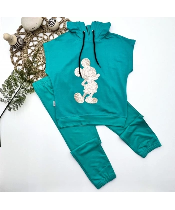 3-4-5 Yaş Kapşonlu Payetli Mickey Desenli Kısa Kol 2li Kız Erkek Çocuk Takımı Turkuaz