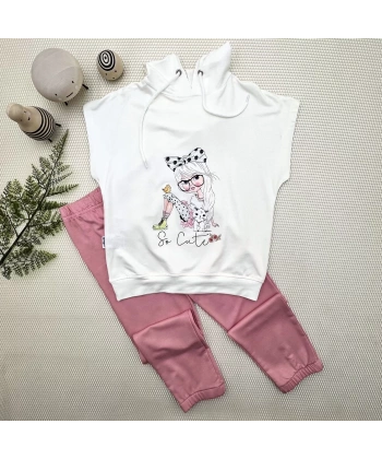 3-4-5 Yaş Kapşonlu Sevimli Kız Baskılı Kısa Kolu 2li Kız Erkek Çocuk Takımı Gül Kurusu