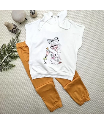 3-4-5 Yaş Kapşonlu Sevimli Kız Baskılı Kısa Kolu 2li Kız Erkek Çocuk Takımı Hardal