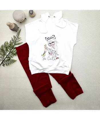 3-4-5 Yaş Kapşonlu Sevimli Kız Baskılı Kısa Kolu 2li Kız Erkek Çocuk Takımı Kırmızı