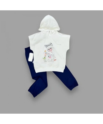 3-4-5 Yaş Kapşonlu Sevimli Kız Baskılı Kısa Kolu 2li Kız Erkek Çocuk Takımı Lacivert