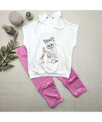 3-4-5 Yaş Kapşonlu Sevimli Kız Baskılı Kısa Kolu 2li Kız Erkek Çocuk Takımı Pembe