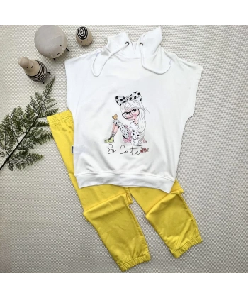 3-4-5 Yaş Kapşonlu Sevimli Kız Baskılı Kısa Kolu 2li Kız Erkek Çocuk Takımı Sarı