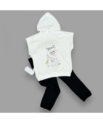 3-4-5 Yaş Kapşonlu Sevimli Kız Baskılı Kısa Kolu 2li Kız Erkek Çocuk Takımı Siyah