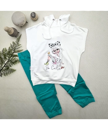 3-4-5 Yaş Kapşonlu Sevimli Kız Baskılı Kısa Kolu 2li Kız Erkek Çocuk Takımı Turkuaz