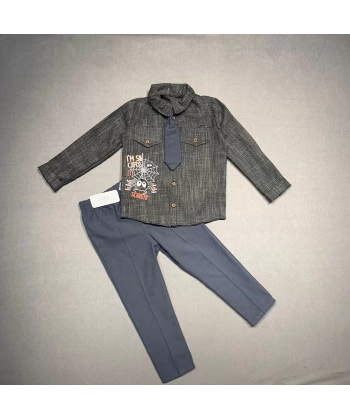 3-4-5 Yaş Kravatlı Keten Gömlek Gabardin Pantolon Uzun Kollu 3lü Erkek Çocuk Takımı Füme