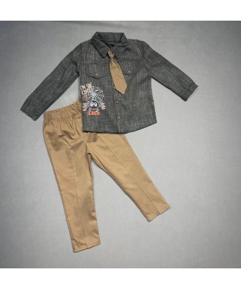 3-4-5 Yaş Kravatlı Keten Gömlek Gabardin Pantolon Uzun Kollu 3lü Erkek Çocuk Takımı Kahverengi