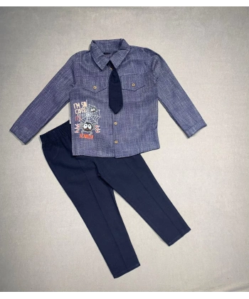 3-4-5 Yaş Kravatlı Keten Gömlek Gabardin Pantolon Uzun Kollu 3lü Erkek Çocuk Takımı Lacivert