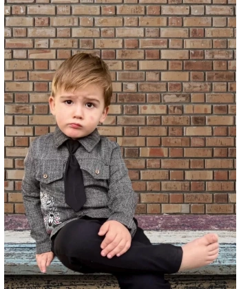 3-4-5 Yaş Kravatlı Keten Gömlek Gabardin Pantolon Uzun Kollu 3lü Erkek Çocuk Takımı Siyah