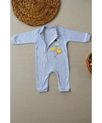 3-6 18-24 24-36 Ay Uçan Balonlar Nakışlı Ef Boy Fermuarlı Erkek Bebek Tulumu Mavi