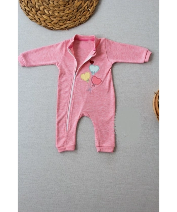 3-6 18-24 24-36 Ay Uçan Balonlar Nakışlı Ef Boy Fermuarlı Kız Bebek Tulumu Pembe