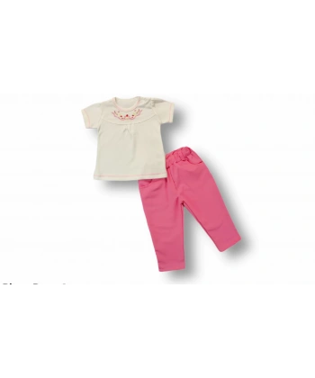 3-6 6-9 9-12 12-18 Ay Anadolu Çiçeği Nakışlı Kısa Kollu Sweatli 2li Kız Bebek Takımı Pembe