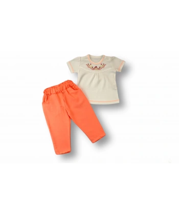 3-6 6-9 9-12 12-18 Ay Anadolu Çiçeği Nakışlı Kısa Kollu Sweatli 2li Kız Bebek Takımı Turuncu