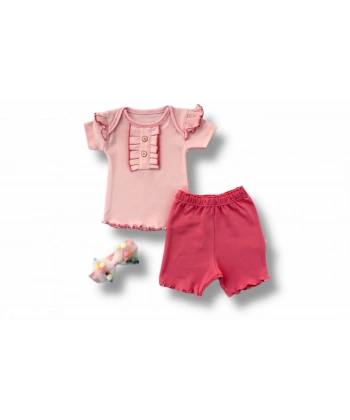 3-6 6-9 9-12 12-18 Ay Düğme Detaylı Bandanalı Kısa Kollu Sweat 3lü Kız Bebek Takımı Pudra